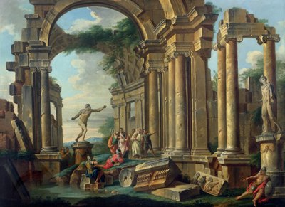 Un capricho arquitectónico con estatuas del guerrero Agasias y el Apolo Belvedere de Giovanni Paolo Pannini